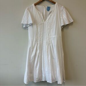 CeCe White Cotton Short Sleeve Pintuck Flutter Sleeve Dress